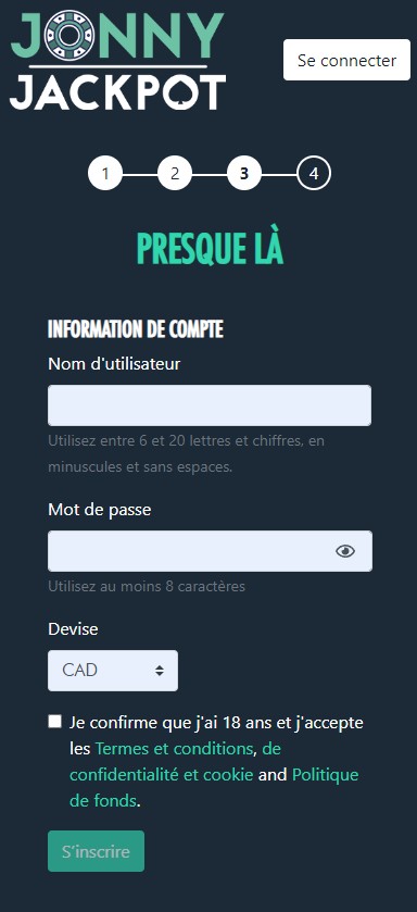 Image 5 du processus d'inscription au Jonny Jackpot