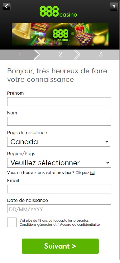 888 Casino Image du processus d'enregistrement 1