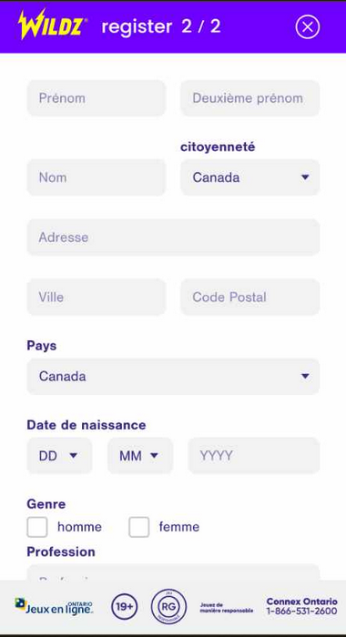 Image du processus d'inscription pour Wildz Casino 2