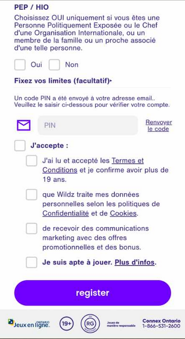 Image du processus d'inscription pour Wildz Casino 3