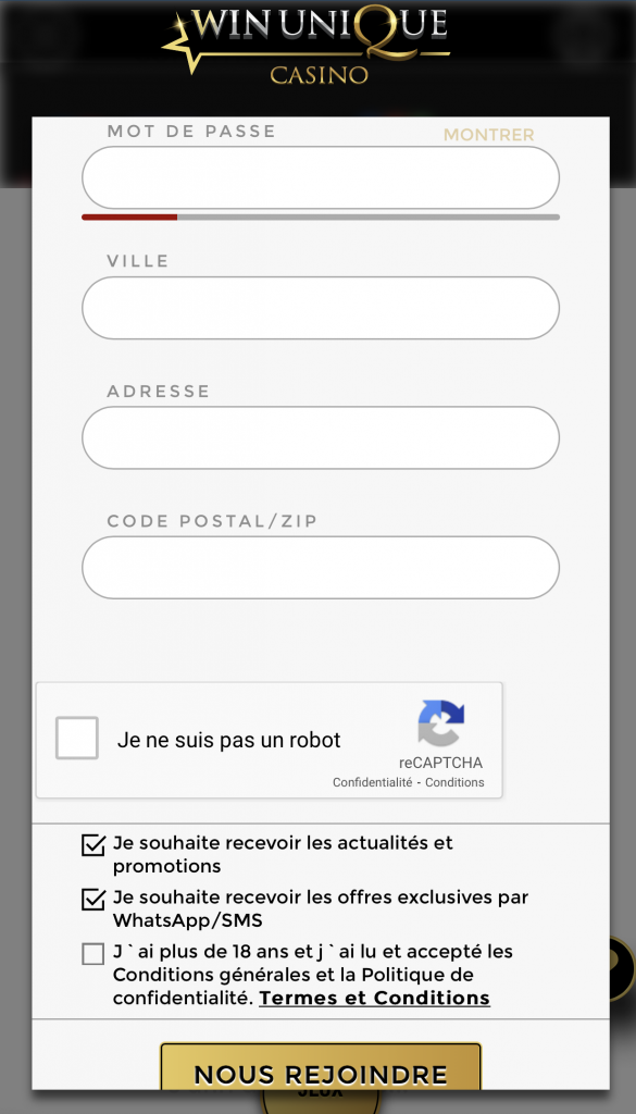 Image du processus d'inscription de Unique Casino partie 2
