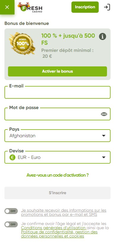 Illustration 1 du Processus d'Inscription à Fresh Casino