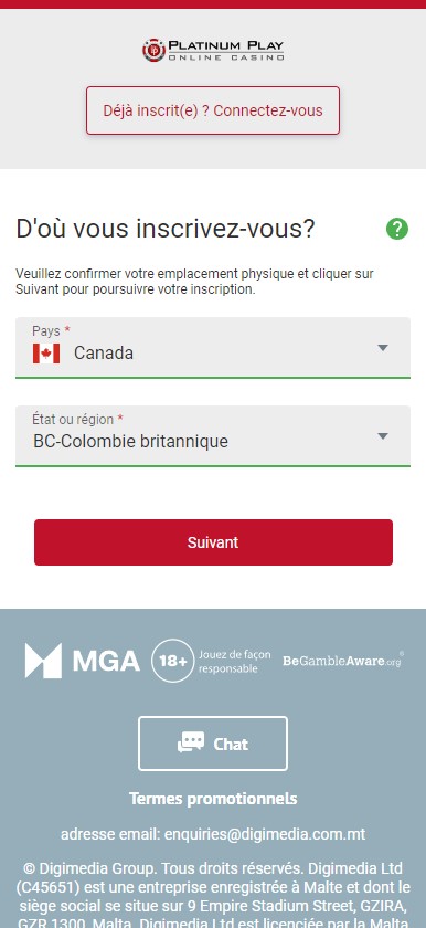 Image de la procédure d'inscription sur Platinum Play 4