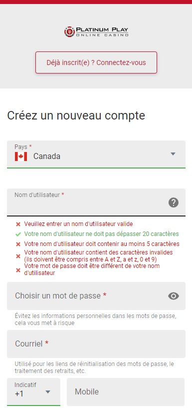 Image de la procédure d'inscription sur Platinum Play 3