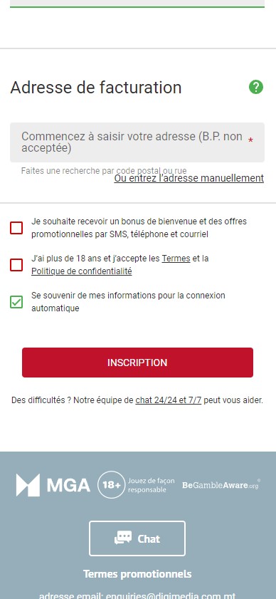 Image de la procédure d'inscription sur Platinum Play 1