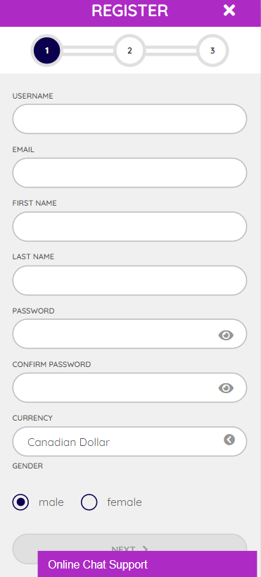 Étape 2 du processus d'inscription chez Playouwin Casino.