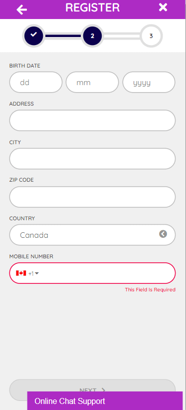 Étape 3 dans l'enregistrement sur Playouwin Casino.