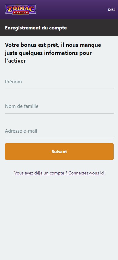 Visuel du processus d'enregistrement à Zodiac Casino Image 1