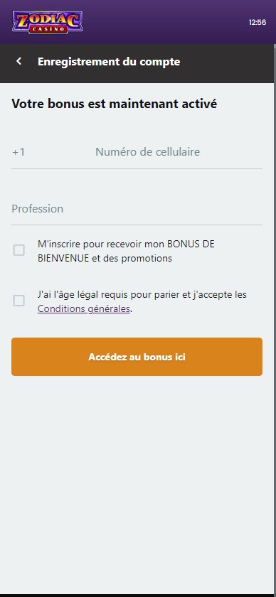 Visuel du processus d'enregistrement à Zodiac Casino Image 5