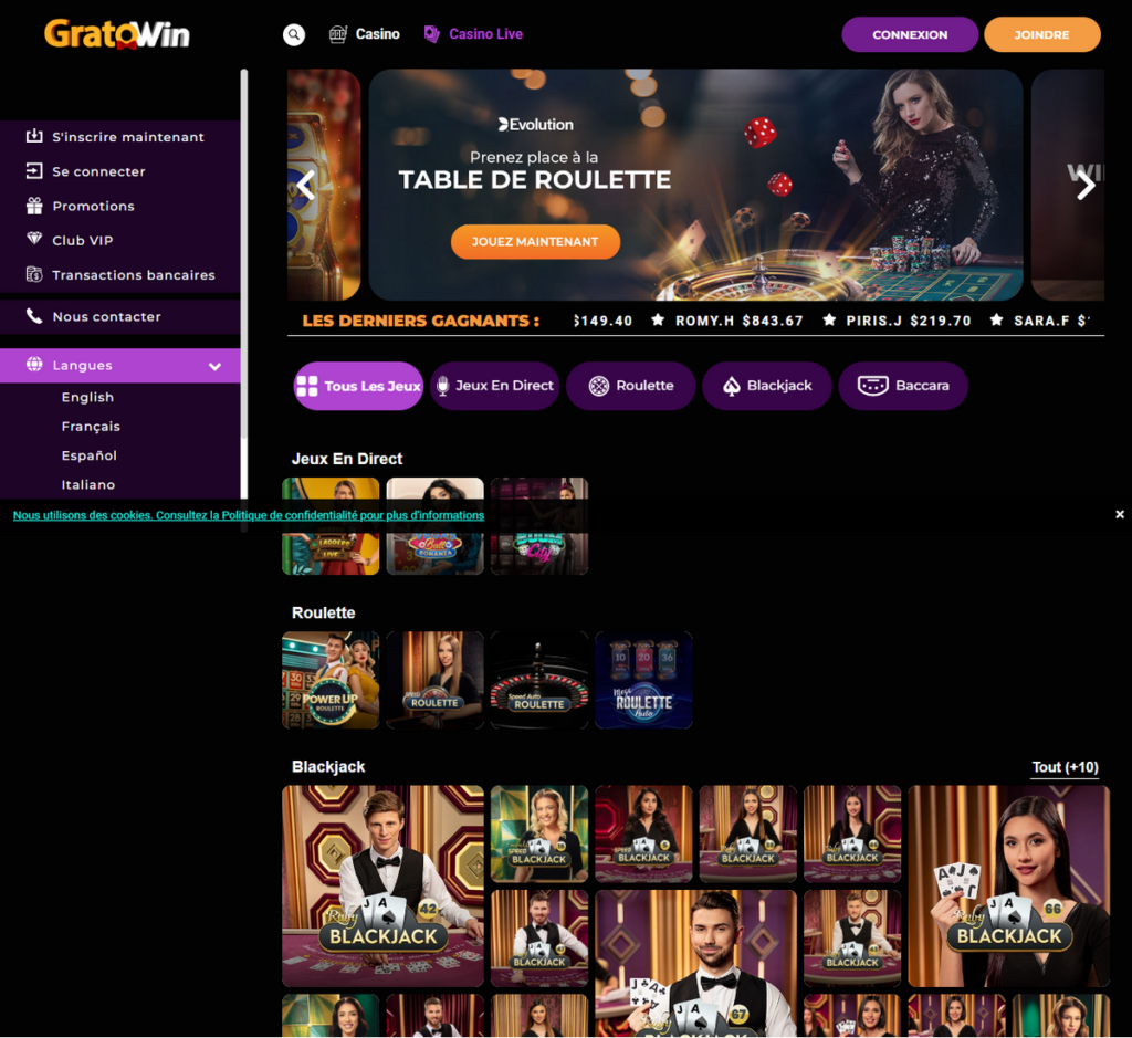 GratoWin Casino Desktop Aperçu 1
