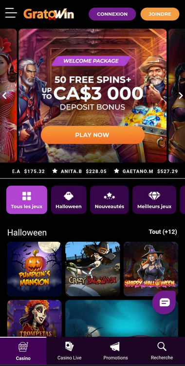 GratoWin Casino Mobile aperçu 1