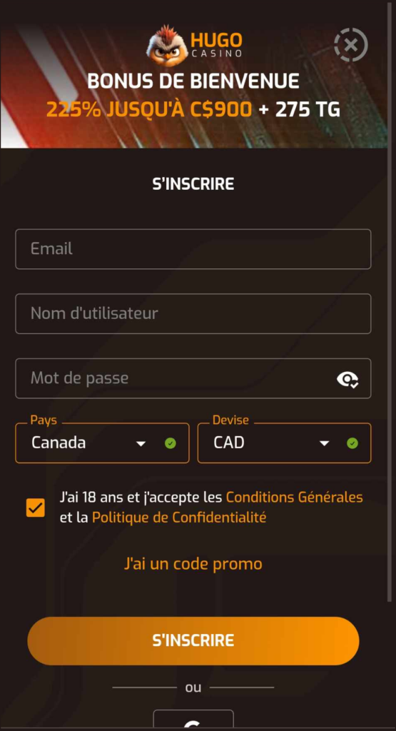 Première image indiquant la procédure d'enregistrement sur Hugo Casino