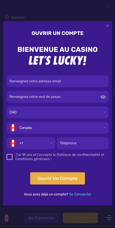 Image du processus d'inscription chez Let's Lucky Casino - étape 2