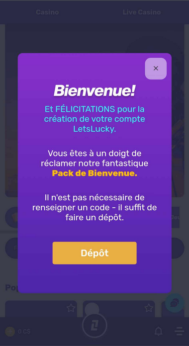Image du processus d'inscription chez Let's Lucky Casino - étape 1