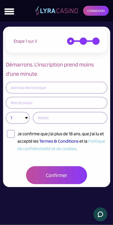 Image 1 du processus d'inscription à Lyra Casino.