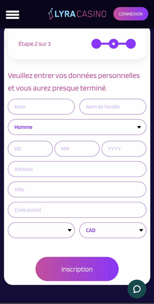 Image 2 du processus d'inscription à Lyra Casino.