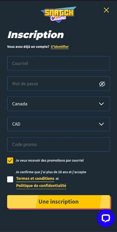 Image illustrant le processus d'inscription à Snatch Casino