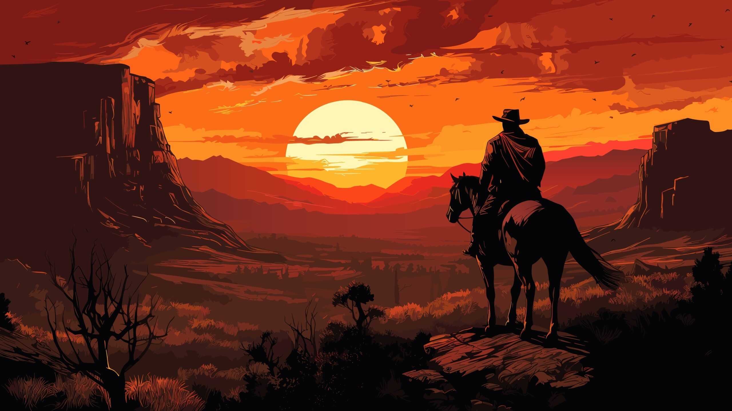 Une scène classique où le cow-boy s'avance vers le coucher du soleil.
