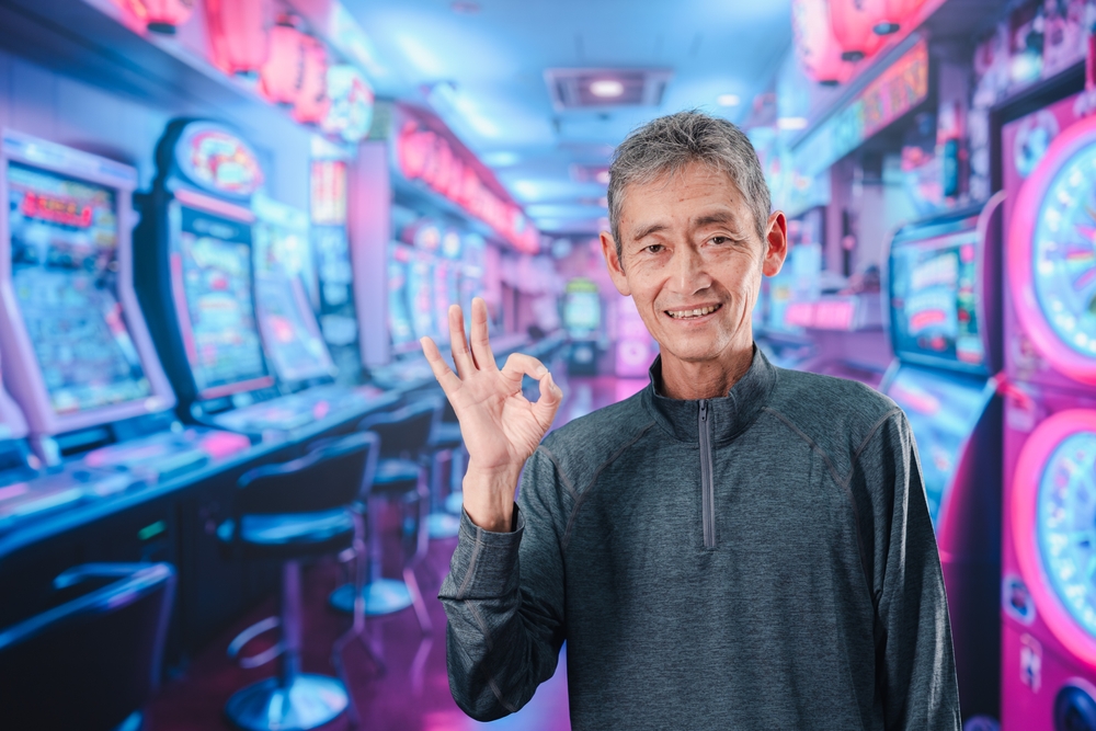 Un homme heureux vivant l'expérience d'un casino en Chine.