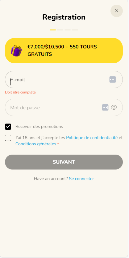 Image 1 du processus d'inscription pour FatFruit Casino.
