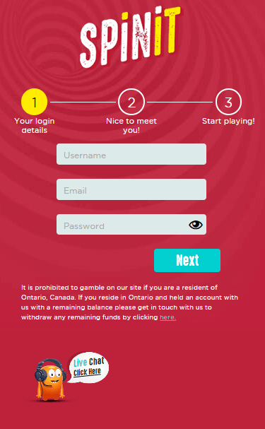 An image depicting the <em>Spinit Casino</em> registration process, number 1.