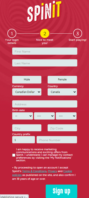 An image depicting the <em>Spinit Casino</em> registration process, number 2.