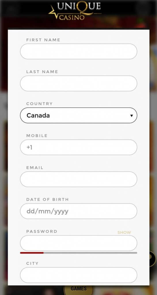 A series of images showcasing Unique Casino's registration process.