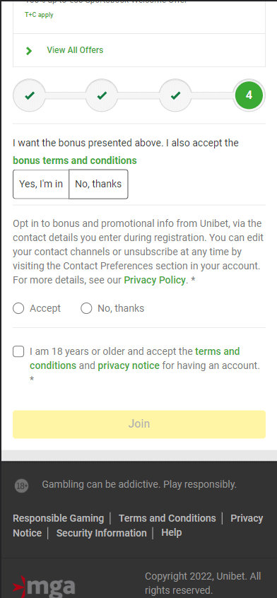 Image 4 indicating Unibet Casino Registration Process