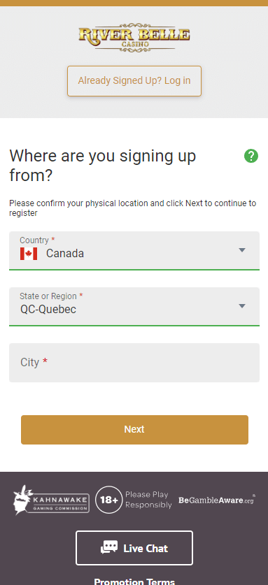 Image of the River Belle Casino Registration Process – Step 1