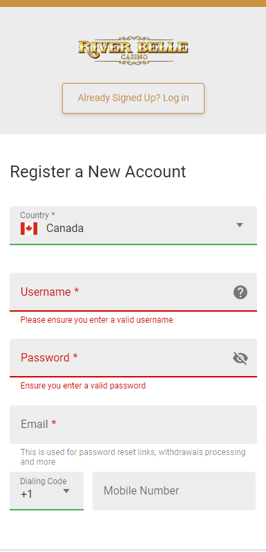 Image of the River Belle Casino Registration Process – Step 2