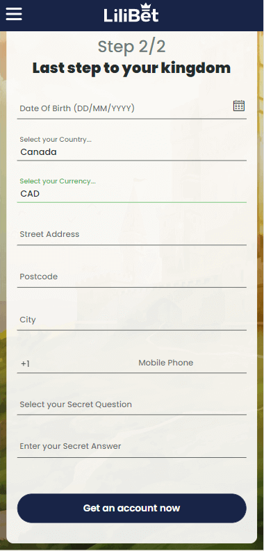 An additional image demonstrating the registration process at LiliBet Casino.