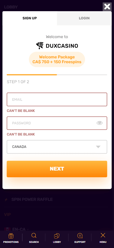 Registering a profile on Dux Casino is straightforward: fill in basic personal details, including your name, address, phone, birthdate, and more.