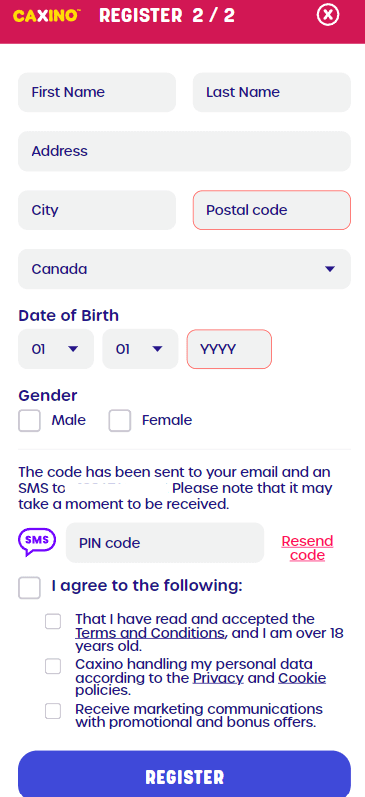 Image of Caxino Casino's Registration Process - Step 2