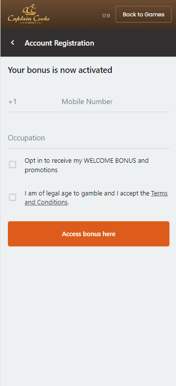 Fifth Image Detailing the Registration Sequence at Captain Cooks Casino.