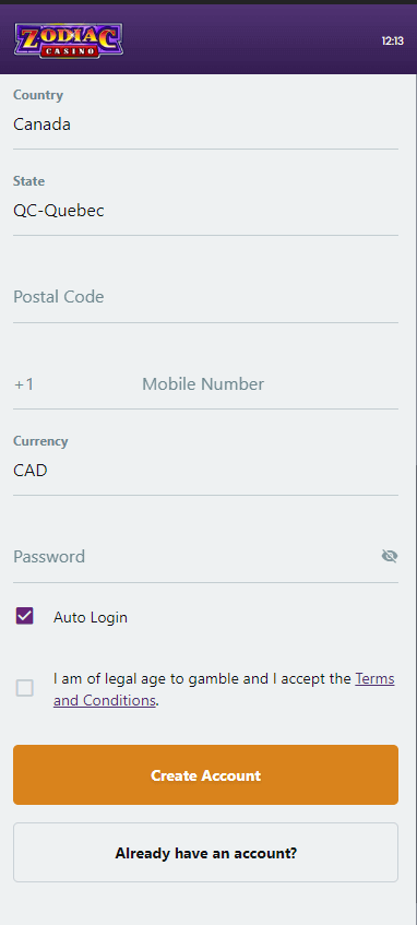 Visual of the registration process at Zodiac Casino, Image 2.