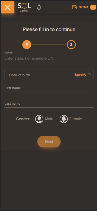 Visual Guide to Sol Casino Registration Process: Step 2