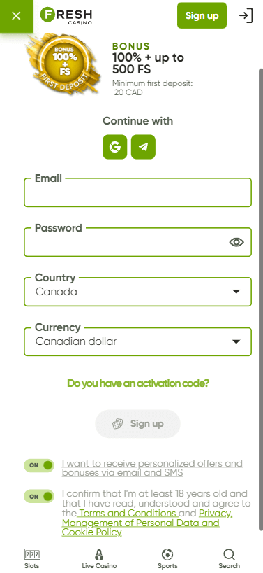 Visual guide for Fresh Casino's registration process - Image 1.