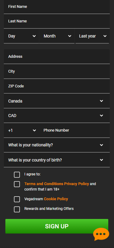 Visual step-by-step guide to completing the registration process at VegaDream Casino - Part 2.