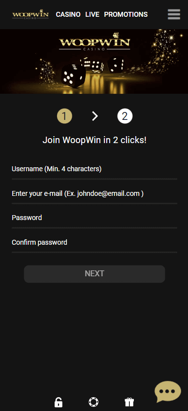 Step 1 of the Woopwin Casino registration process