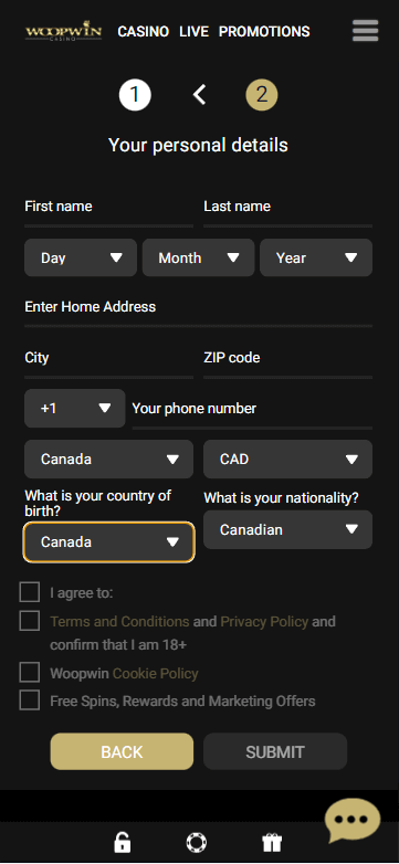 Step 2 of the Woopwin Casino registration process