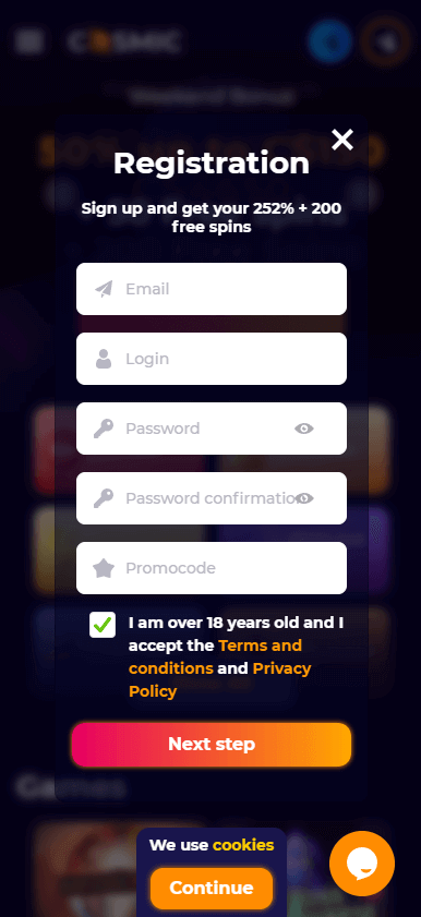 View the initial stages of the CosmicSlot Casino registration process with images.
