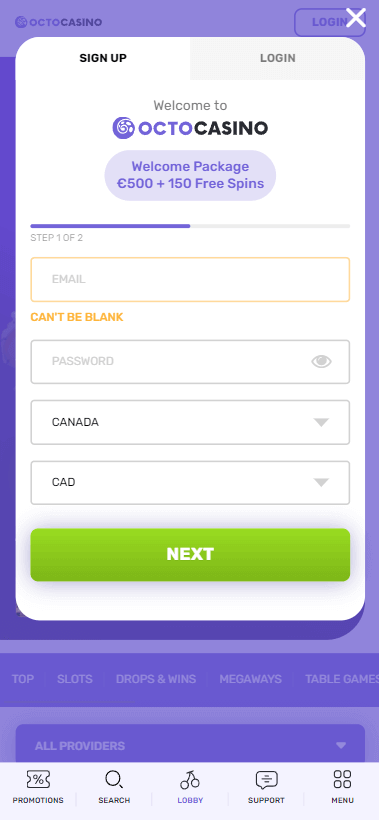 Visuals for Octocasino Registration Process Image 1 are available.