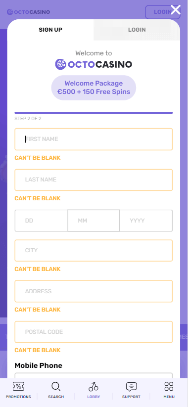 Visuals for Octocasino Registration Process Image 2 are accessible.
