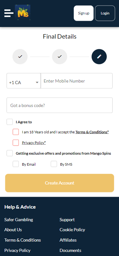 The aesthetic combination of white, black, and orange complements the site's design. Key sections like Games, Rewards, VIP, Mango Spins Casino bonus codes, and Tournaments are distinct and easy to navigate.