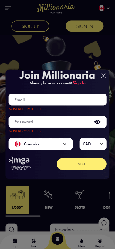 Images Demonstrating Millionaria Casino Sign-Up Process – Image 1