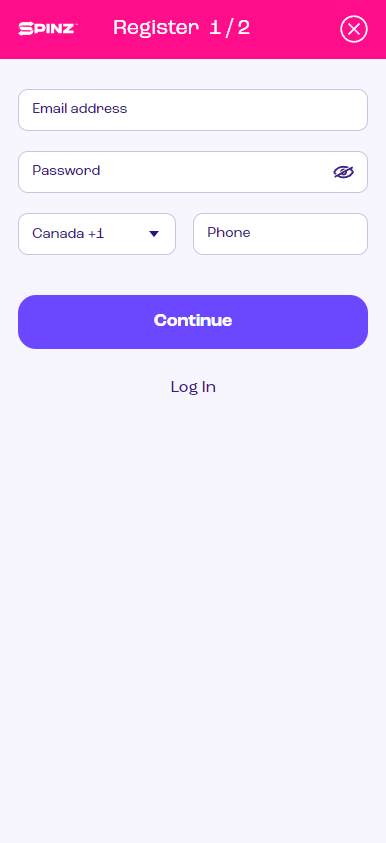 A visual representation of how to register on Spinz Casino, Step 1.