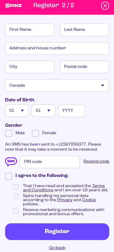 A visual representation of how to register on Spinz Casino, Step 2.