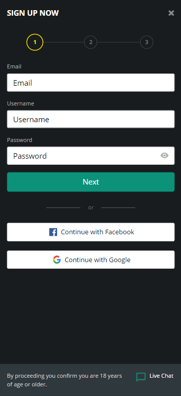 Image of Step 2 in 1Bet Casino Registration Process