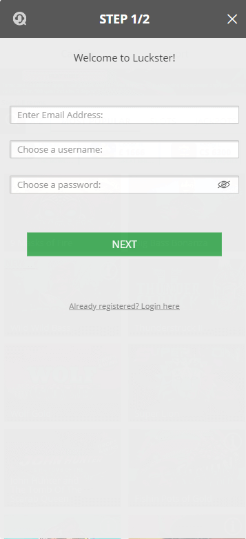 Visual step 1 of the Luckster Casino registration journey.