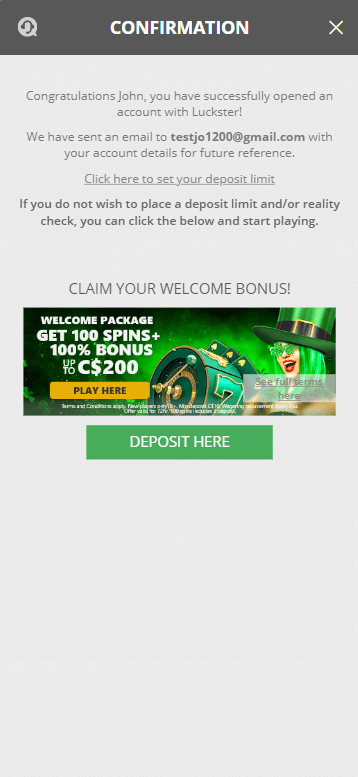 Visual step 2 of the Luckster Casino registration journey.